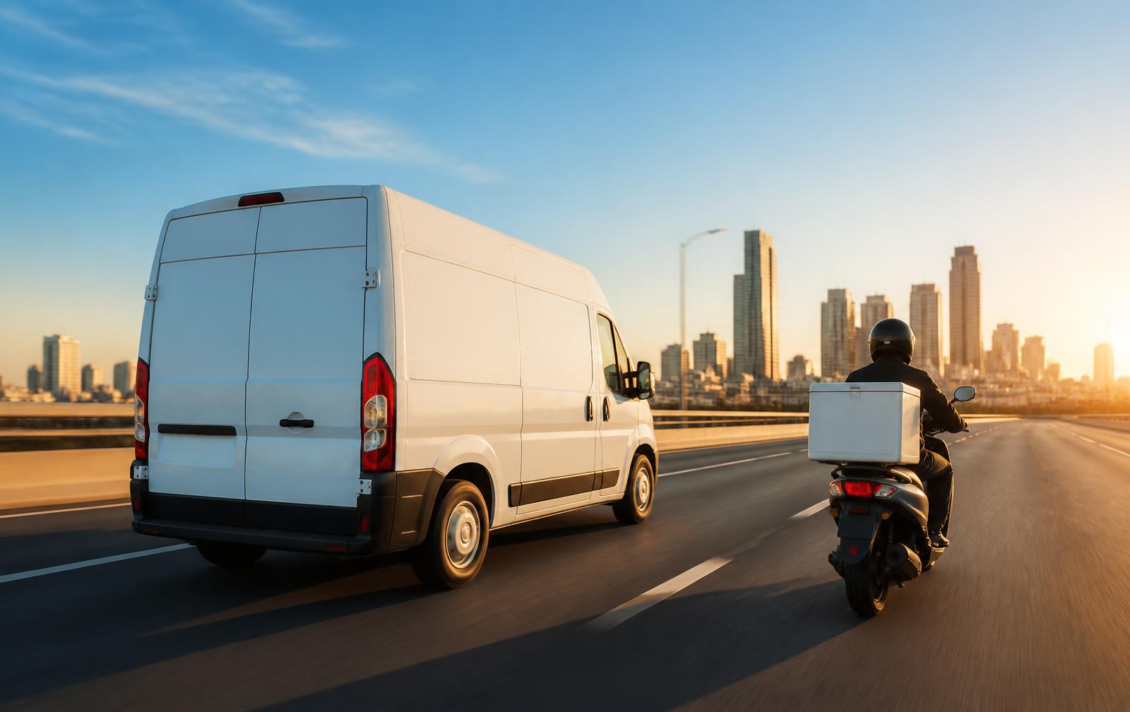 SEE-MORE delivery van and dispatch rider on a city highway